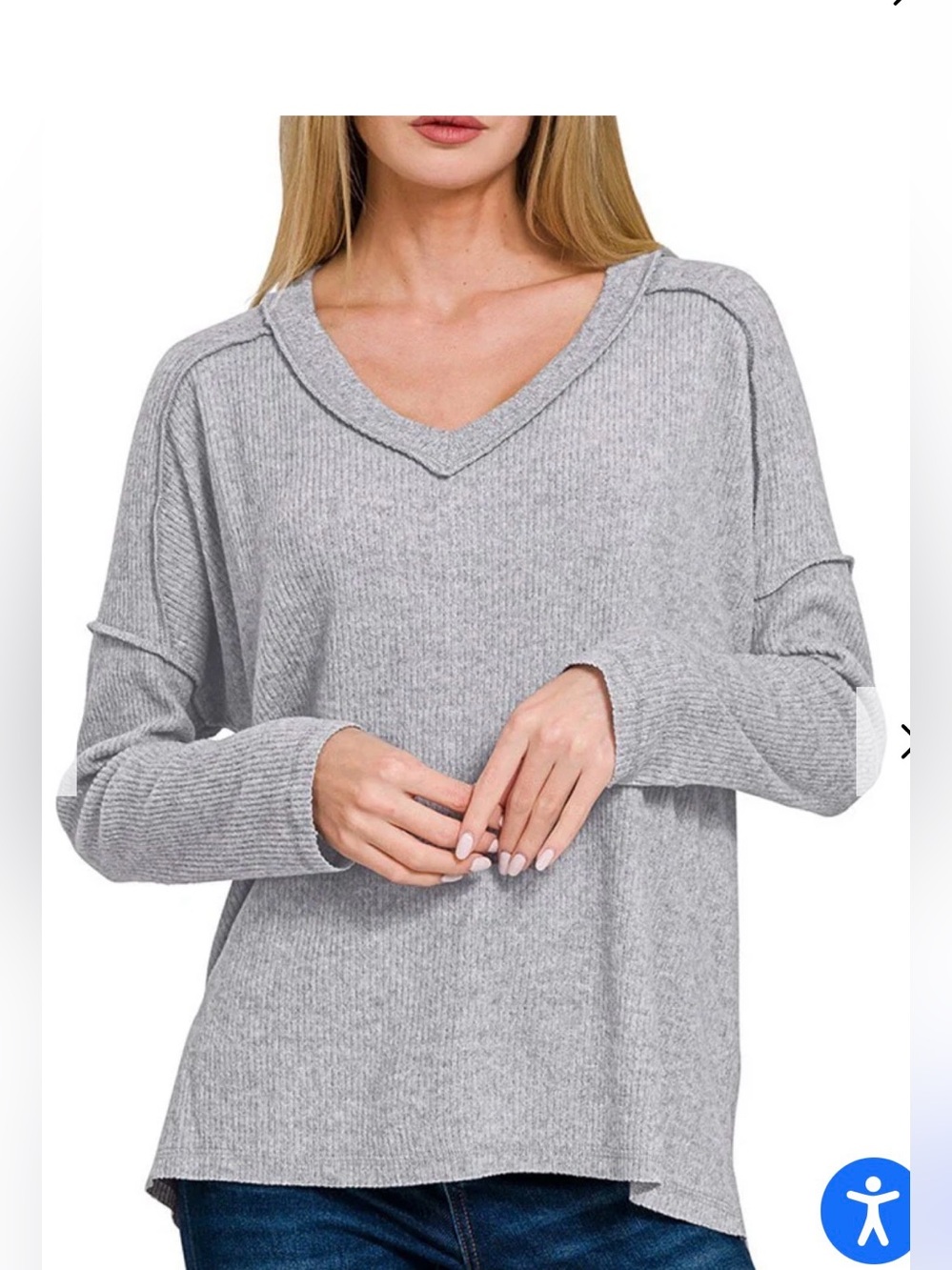 Zenana Heather Grey V-Neck Brushed Ribbed Knit Sweater size M